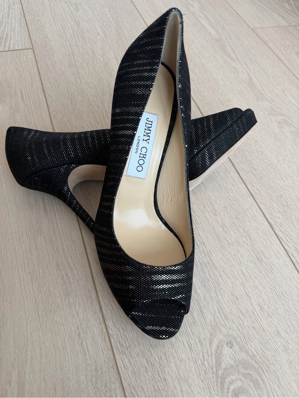 Jimmy Choo Black Glitter Peep-Toe Pumps